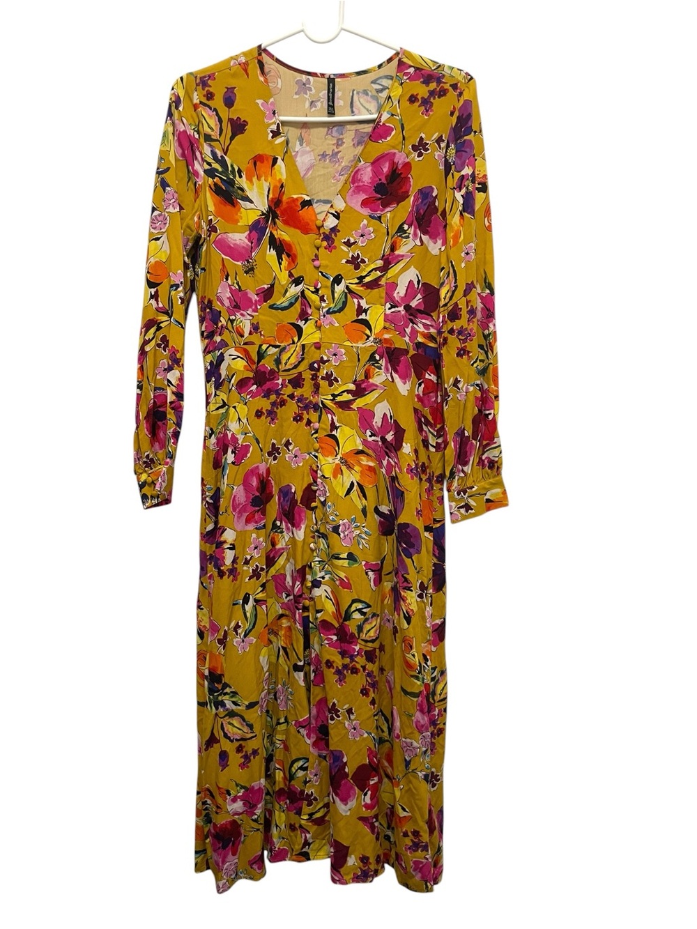 Stradivarius Women's Long Sleeve Floral Yellow Midi Dress US Size Small